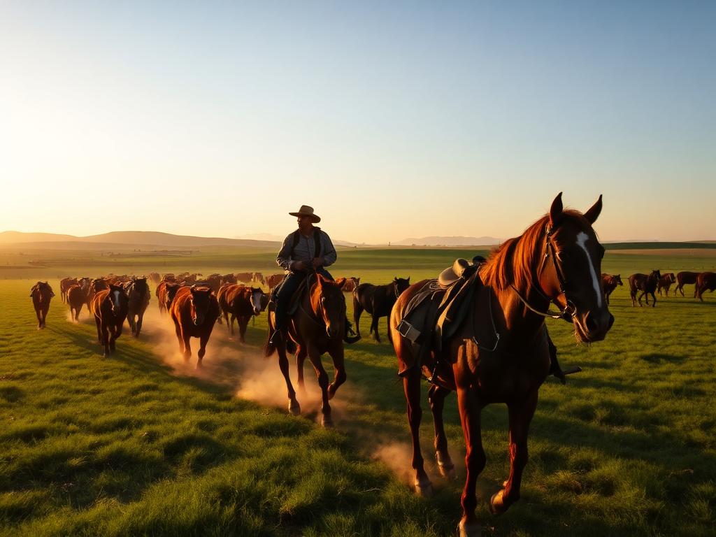 Peão conduzindo o gado ao amanhecer nos campos da cabanha