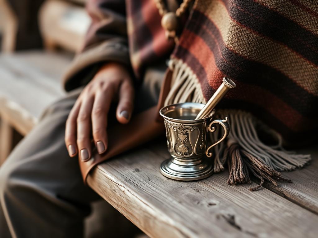 Detalhes da tradição gaúcha: cuia de mate, poncho e couro