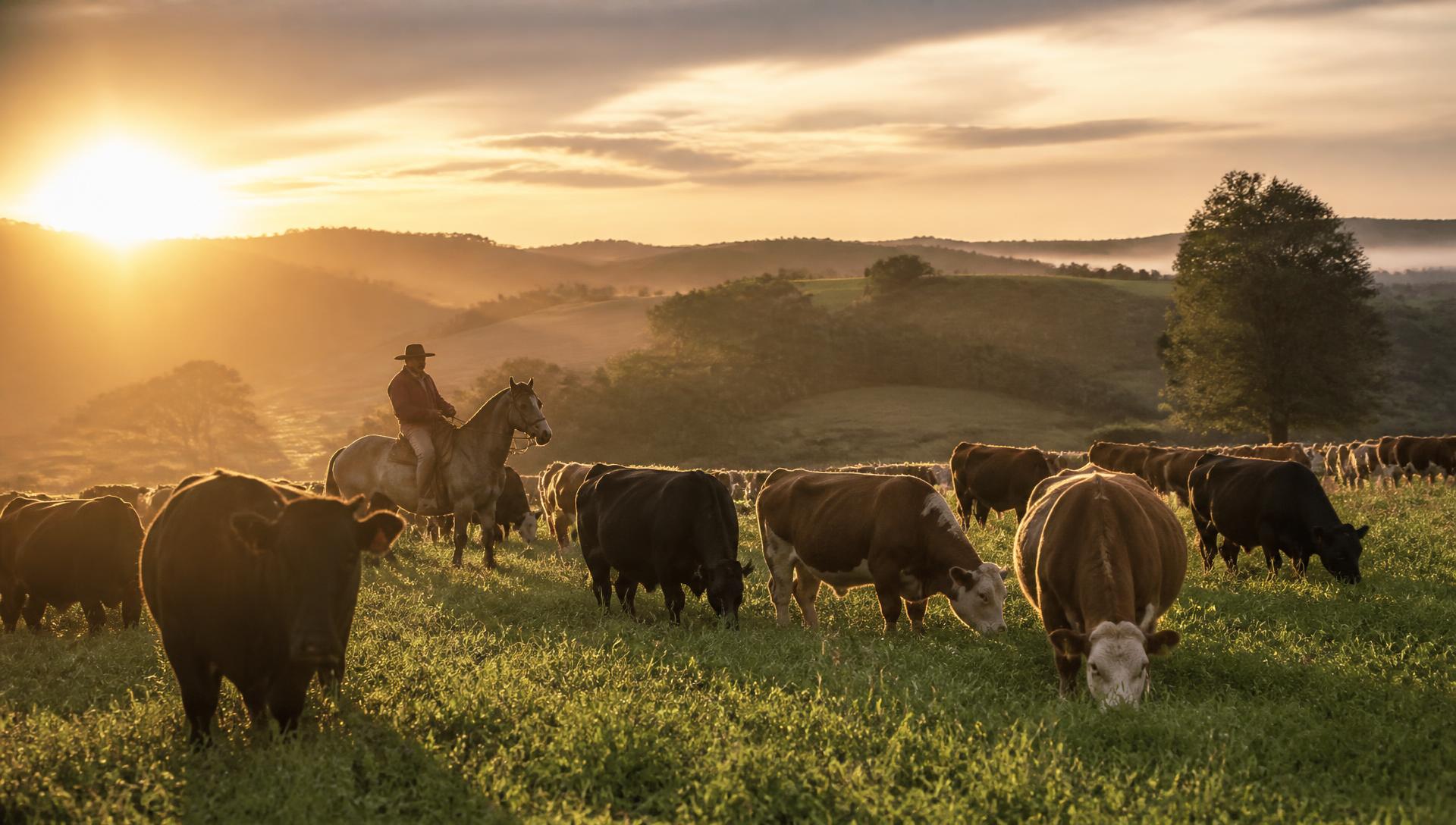 Rebanho de gado Angus e Hereford em pastagem ao nascer do sol em Cachoeira Paulista - SP